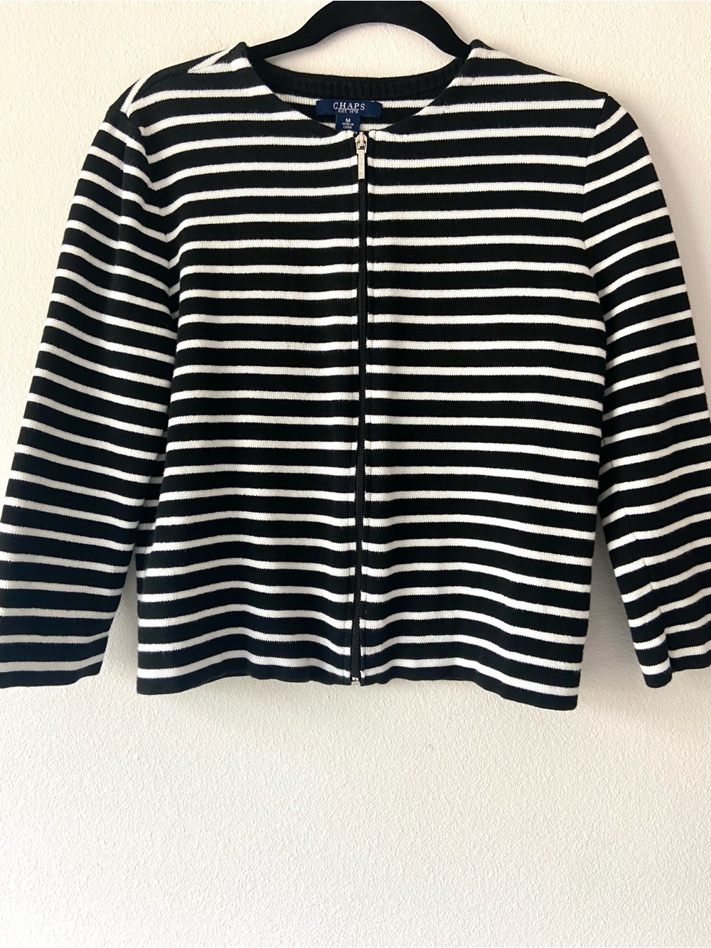 CHAPS Black White Striped Zip Front Cardigan Sweater Medium 100% Cotton